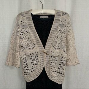 JM Collection M Ivory Knit Eyelet Crop Quarter Sleeve Open Front Cardigan